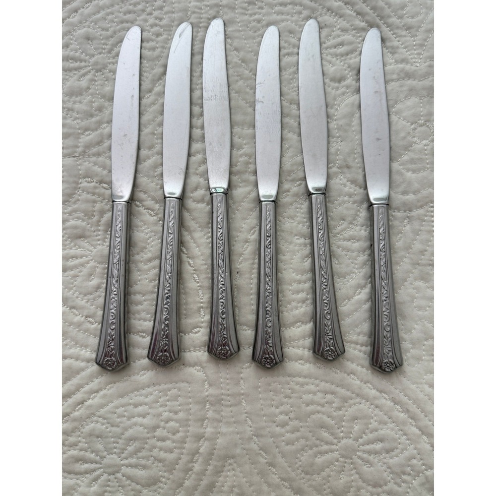 Silco Dinner Knives Set of 6 Silver Floral Scroll Stainless USA 9in Vintage